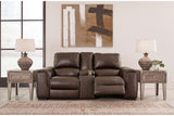 Alessandro Walnut Dual Power Leather Reclining Loveseat with Console by Ashley at Eve Furniture
