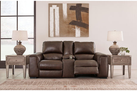 Alessandro Walnut Dual Power Leather Reclining Loveseat with Console by Ashley at Eve Furniture