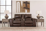 Alessandro Walnut Dual Power Leather Reclining Loveseat with Console by Ashley at Eve Furniture