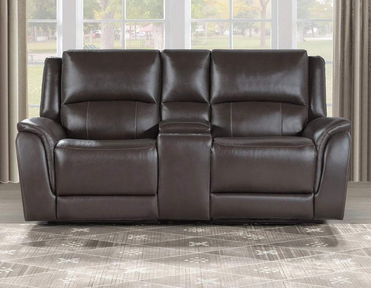 Alexandria Chocolate Top-Grain Leather Power Reclining Console Loveseat by Steve Silver at Eve Furniture