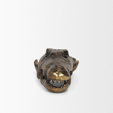 Alistair Antiqued Gold Cast Metal Decorative Skull Object by Mercana at Eve Furniture