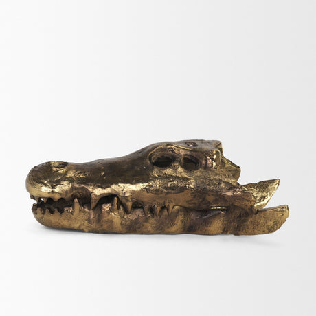Alistair Antiqued Gold Cast Metal Decorative Skull Object by Mercana at Eve Furniture