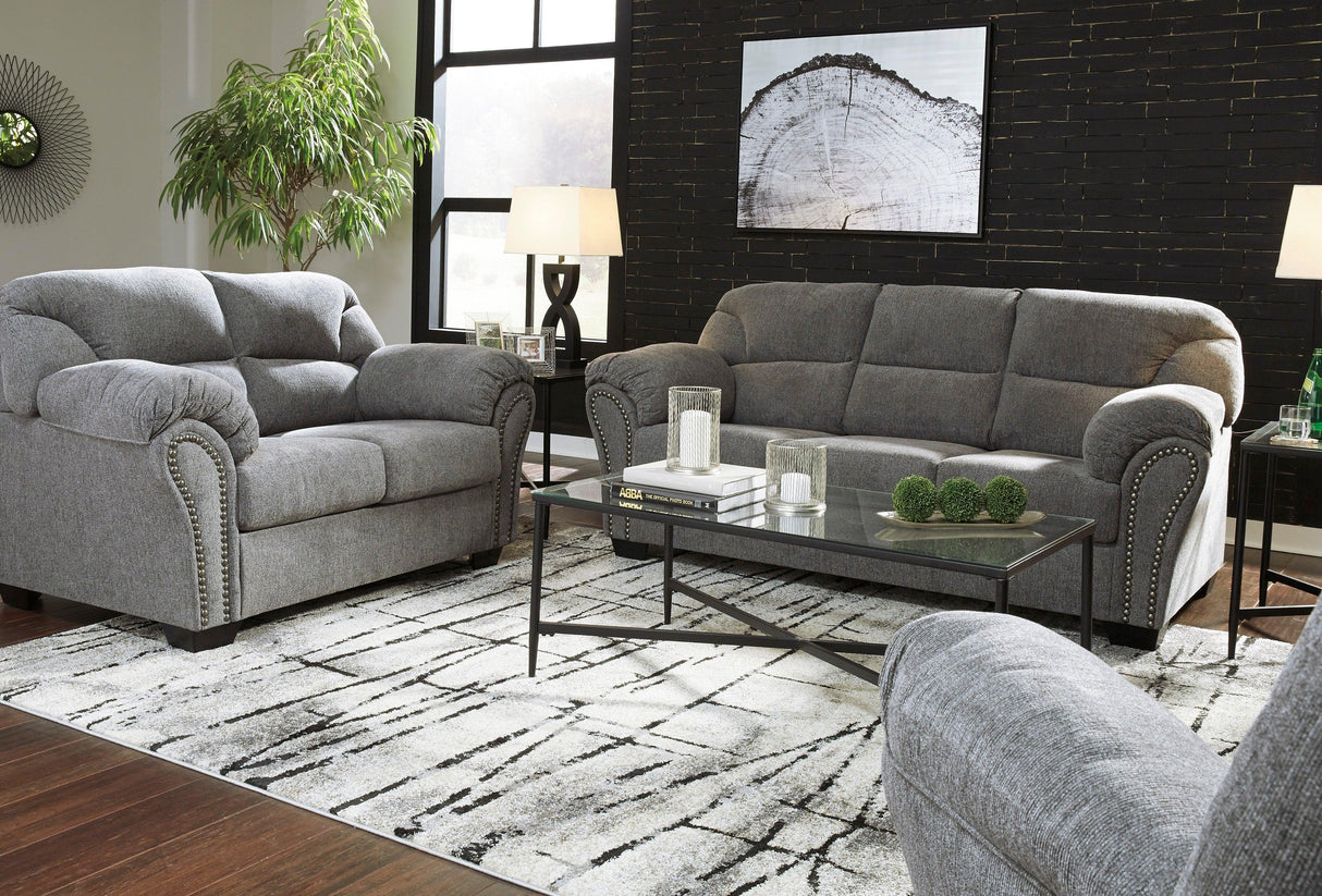 Allmaxx Pewter Fabric Sofa and Loveseat by Ashley at Eve Furniture
