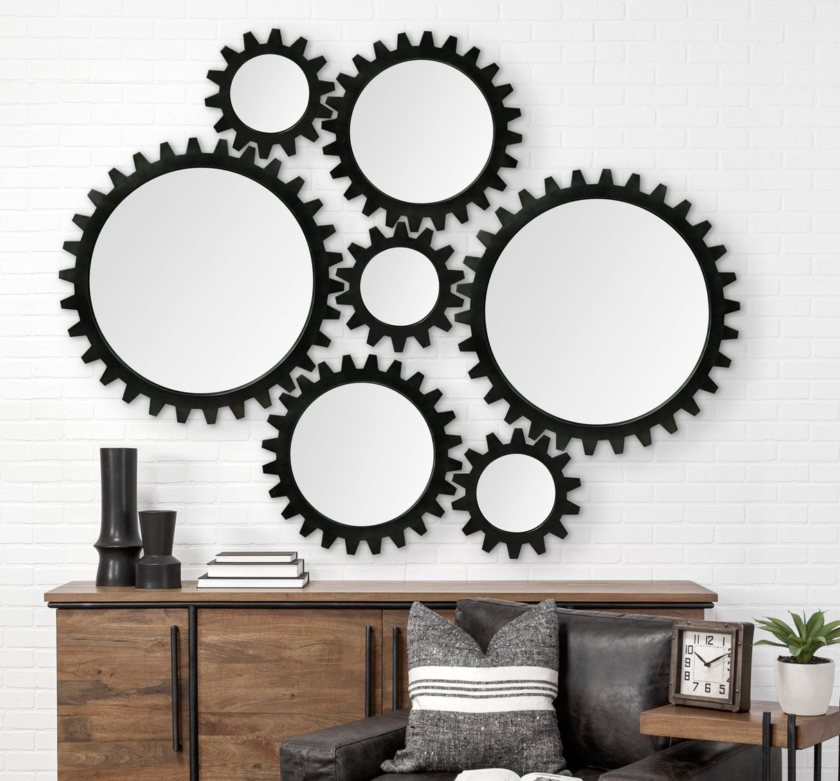 Alloy Cog Round Black Metal Frame Mirror by Mercana at Eve Furniture