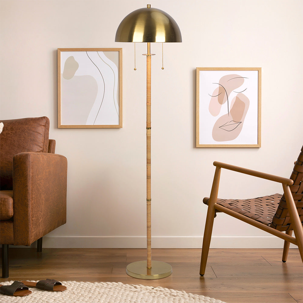Allure 2-Light Floor Lamp, Gold Brass, Natural Rattan Tube , Double On/Off Pull Chain by Ashcroft Furniture at Eve Furniture