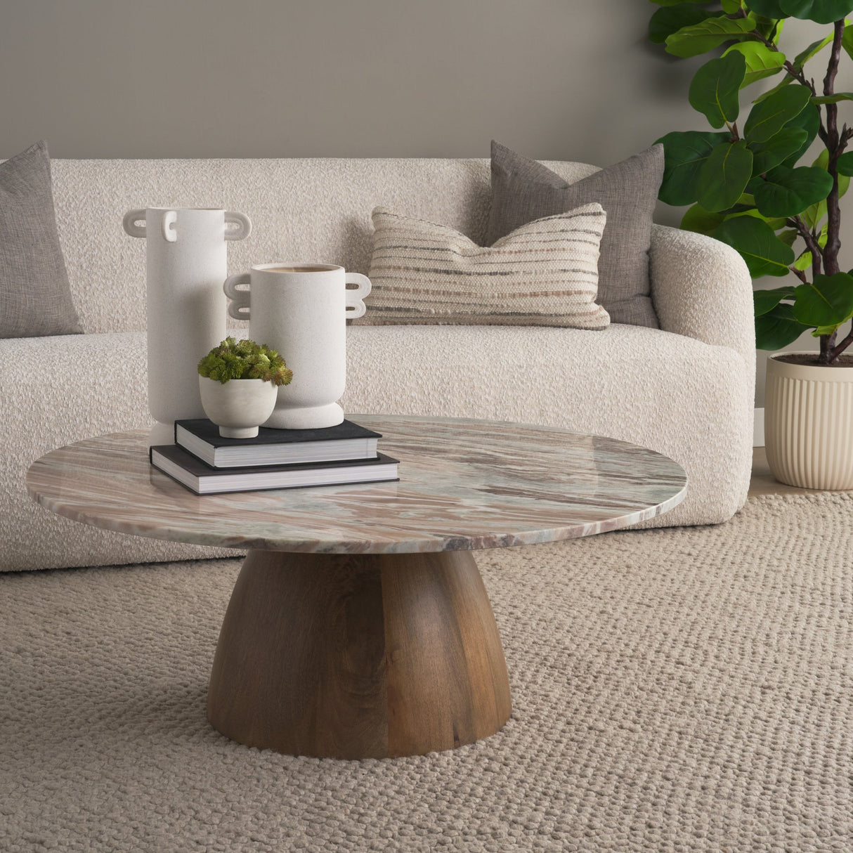 Allyson Round Brown Pedestal w/ Pink Marble Top Coffee Table by Mercana at Eve Furniture