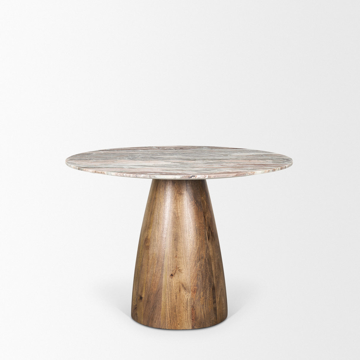 Allyson Round Brown Wood Pedestal w/ Savar Pink Marble Top Dining Table by Mercana at Eve Furniture