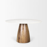 Allyson Round Brown Wood Pedestal w/ White Marble Top Dining Table by Mercana at Eve Furniture