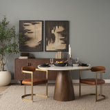 Allyson Round Brown Wood Pedestal w/ White Marble Top Dining Table by Mercana at Eve Furniture