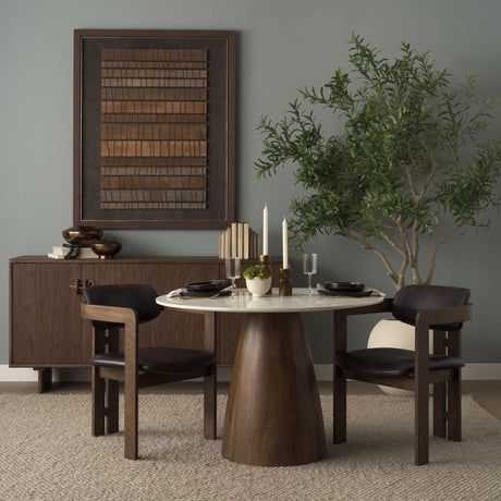 Allyson Round Brown Wood Pedestal w/Banswara White Marble Top Dining Table by Mercana at Eve Furniture