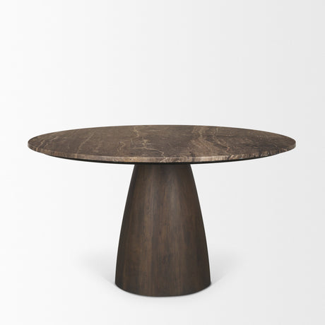Allyson Round Dark Brown w/ Cappuccino Marble Pedestal Dining Table by Mercana at Eve Furniture