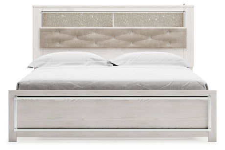Altyra White King Upholstered LED Bookcase Panel Bed by Ashley at Eve Furniture