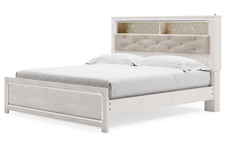 Altyra White King Upholstered LED Bookcase Platform Bed by Ashley at Eve Furniture