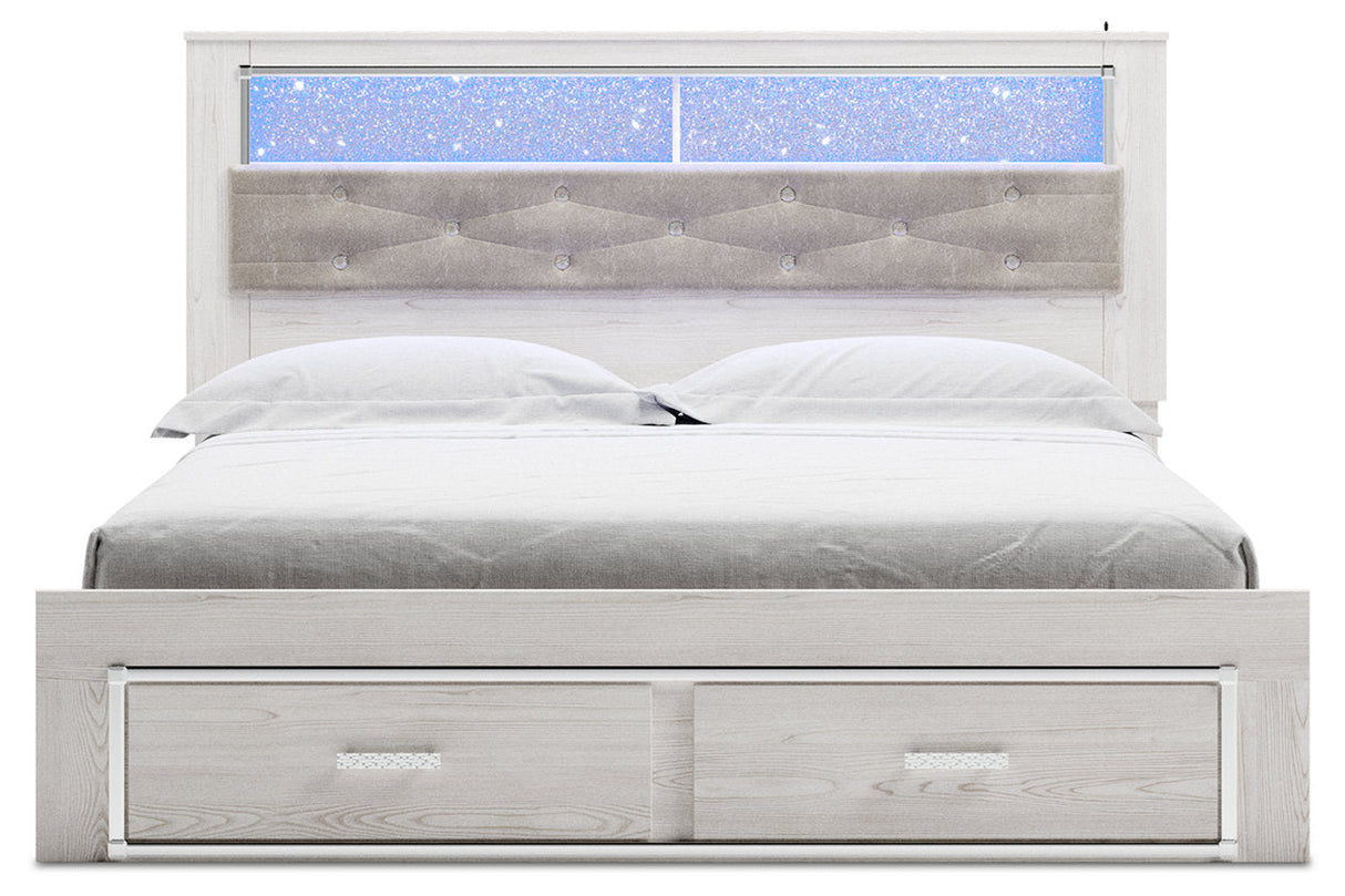 Altyra White King Upholstered LED Bookcase Storage Panel Bed by Ashley at Eve Furniture