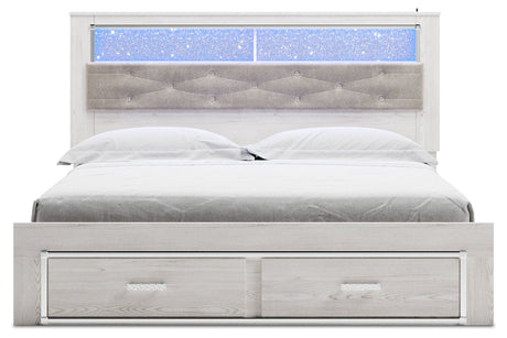 Altyra White King Upholstered LED Bookcase Storage Platform Bed by Ashley at Eve Furniture