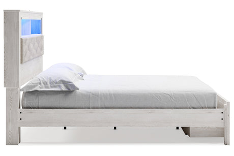 Altyra White King Upholstered LED Bookcase Storage Platform Bed by Ashley at Eve Furniture