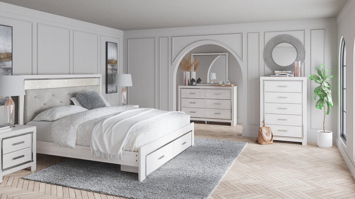 Altyra White LED Bookcase Upholstered Footboard Storage Platform Bedroom Set by Ashley at Eve Furniture