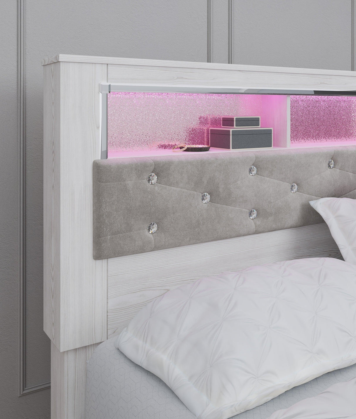 Altyra White LED Bookcase Upholstered Footboard Storage Platform Bedroom Set by Ashley at Eve Furniture