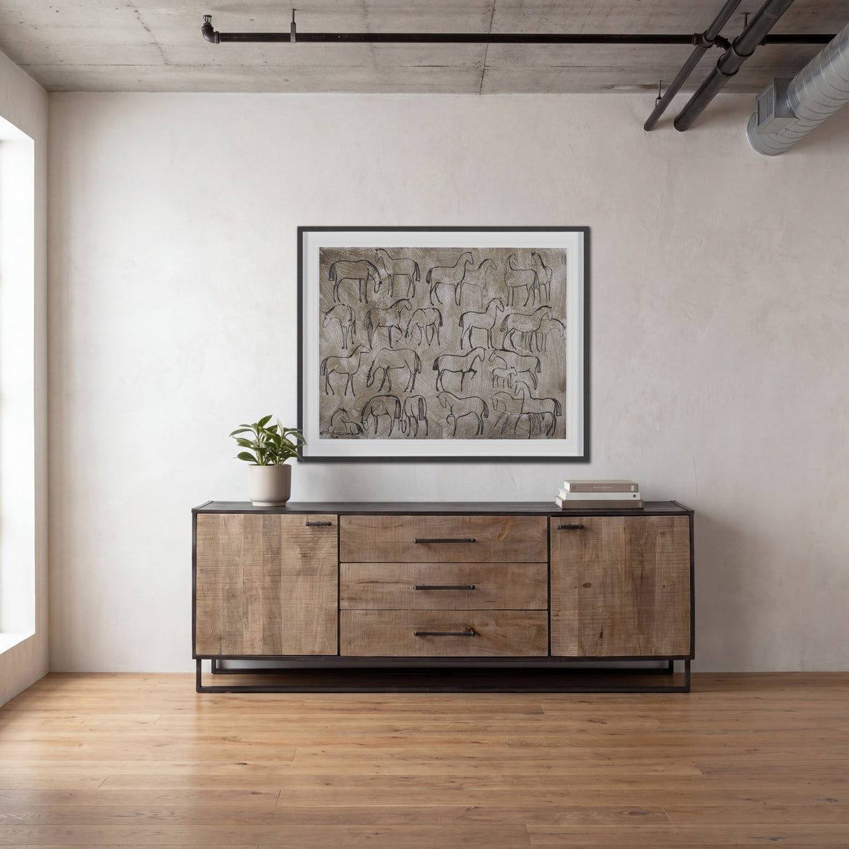 Alvin Brown Solid Wood With Black Metal Frame 3 Drawer 2 Cabinet Door Sideboard by Mercana at Eve Furniture
