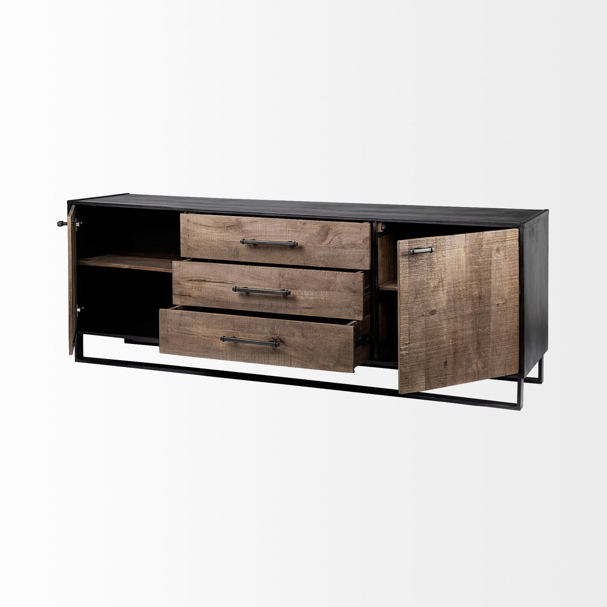 Alvin Brown Solid Wood With Black Metal Frame 3 Drawer 2 Cabinet Door Sideboard by Mercana at Eve Furniture