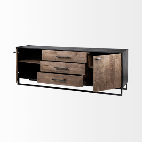 Alvin Brown Solid Wood With Black Metal Frame 3 Drawer 2 Cabinet Door Sideboard by Mercana at Eve Furniture