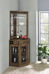 Alviso Rustic Oak Corner Bar Cabinet with Stemware Rack