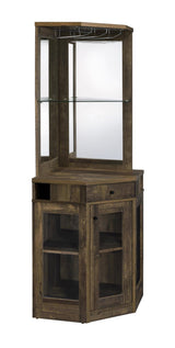 Alviso Rustic Oak Corner Bar Cabinet with Stemware Rack