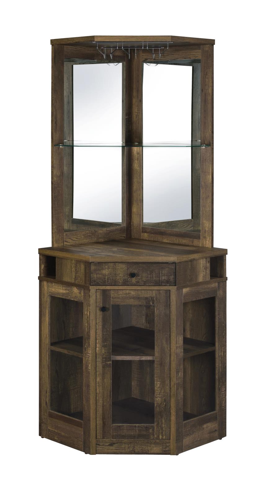 Alviso Rustic Oak Corner Bar Cabinet with Stemware Rack