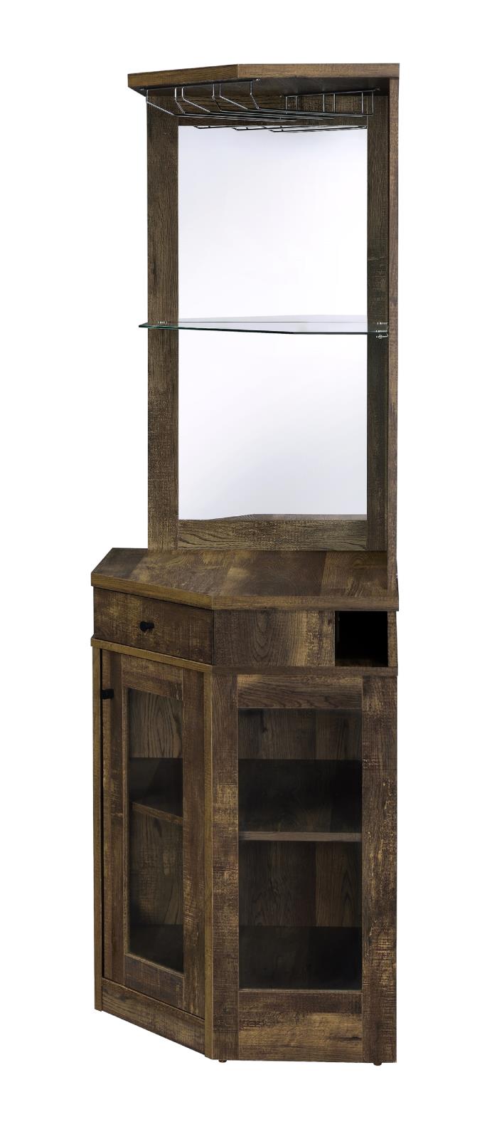 Alviso Rustic Oak Corner Bar Cabinet with Stemware Rack