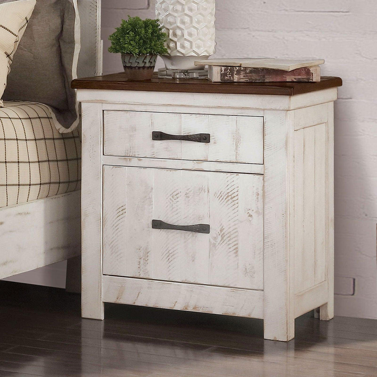 Alyson Distressed White/Walnut Night Stand by Furniture of America at Eve Furniture