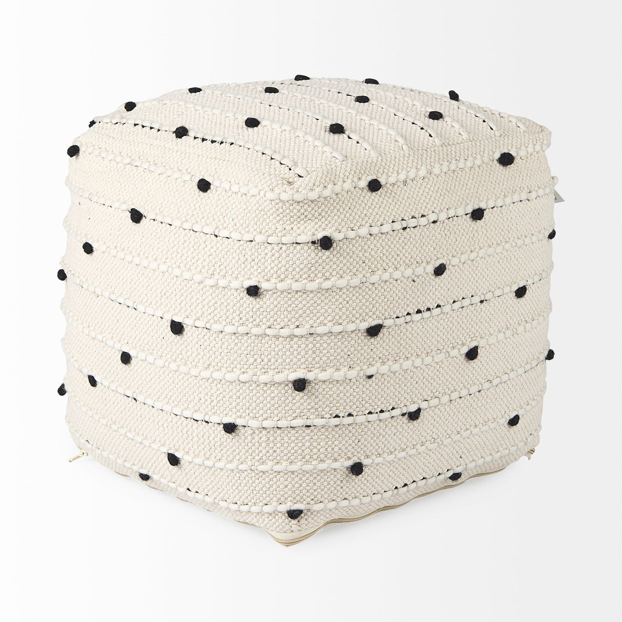 Amaira 16.0L x 16.0W x 16.0H Cream/Black/White patterned Wool and Cotton Pouf by Mercana at Eve Furniture