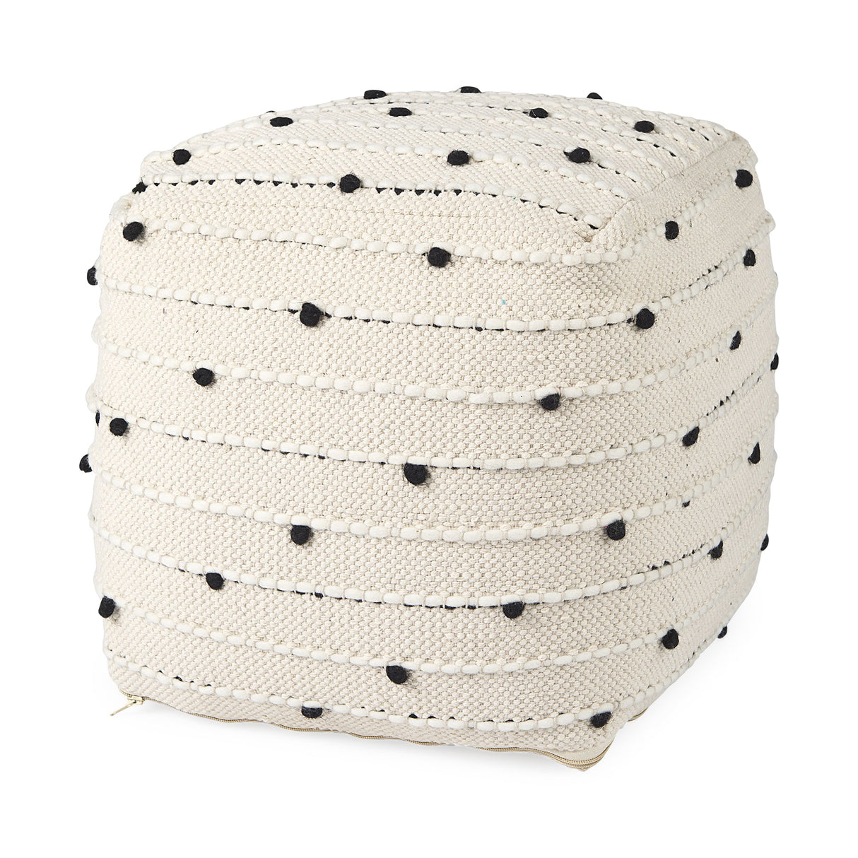 Amaira 16.0L x 16.0W x 16.0H Cream/Black/White patterned Wool and Cotton Pouf by Mercana at Eve Furniture