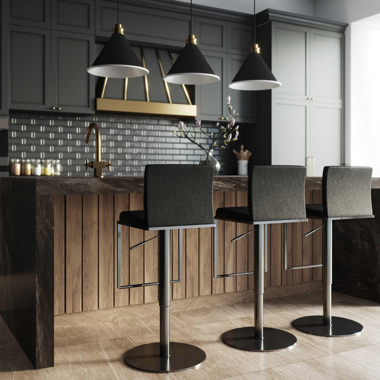 Amalfi Black Performance Vegan Leather on Black Stool by TOV Furniture at Eve Furniture