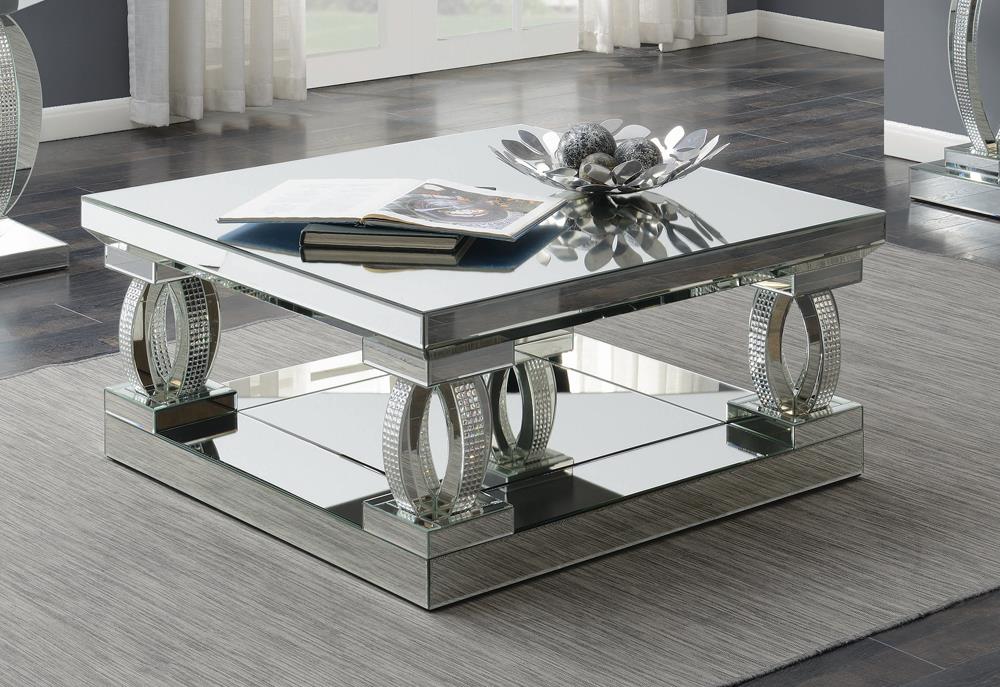 Amalia Clear Mirror Square Coffee Table with Lower Shelf