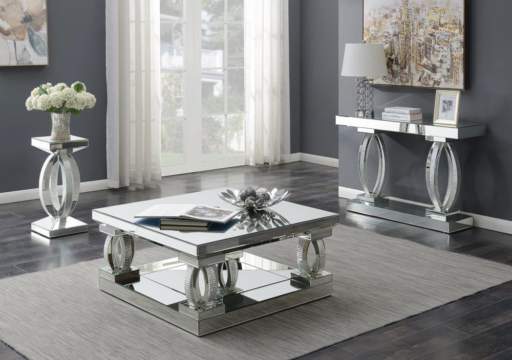 Amalia Clear Mirror Square Coffee Table with Lower Shelf