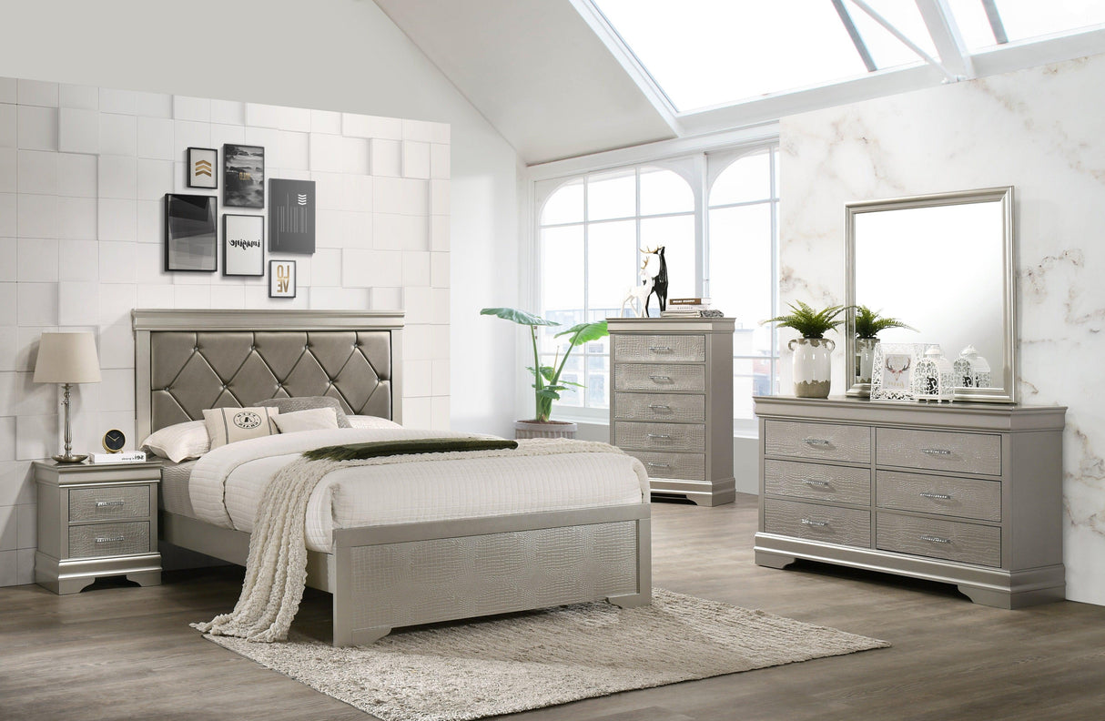 Amalia Champagne Silver Upholstered Panel Bedroom Set by Crown Mark at Eve Furniture