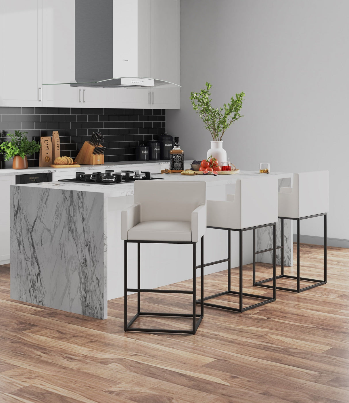Ambassador Counter Stool in Cream and Black (set of 3) by Manhattan Comfort at Eve Furniture