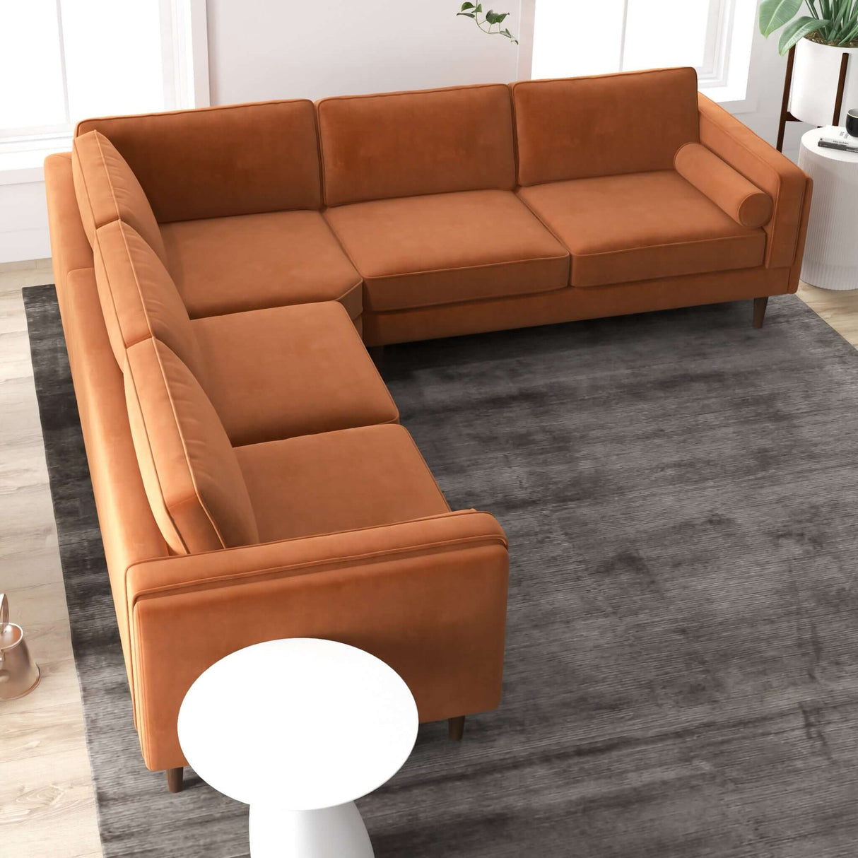 Amber Mid-Century Modern Corner Sectional Sofa Burnt Orange / Velvet