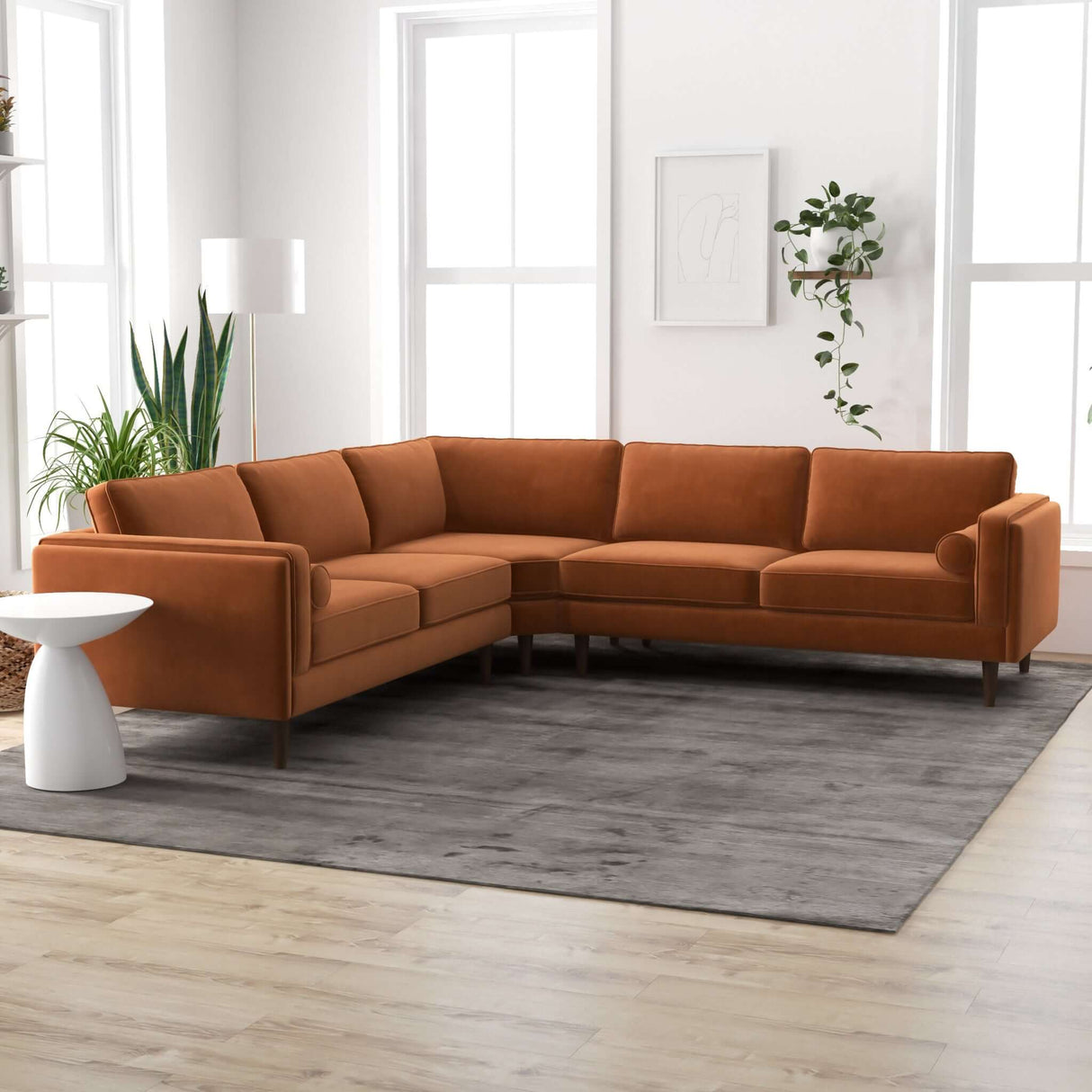 Amber Mid-Century Modern Corner Sectional Sofa Burnt Orange / Velvet