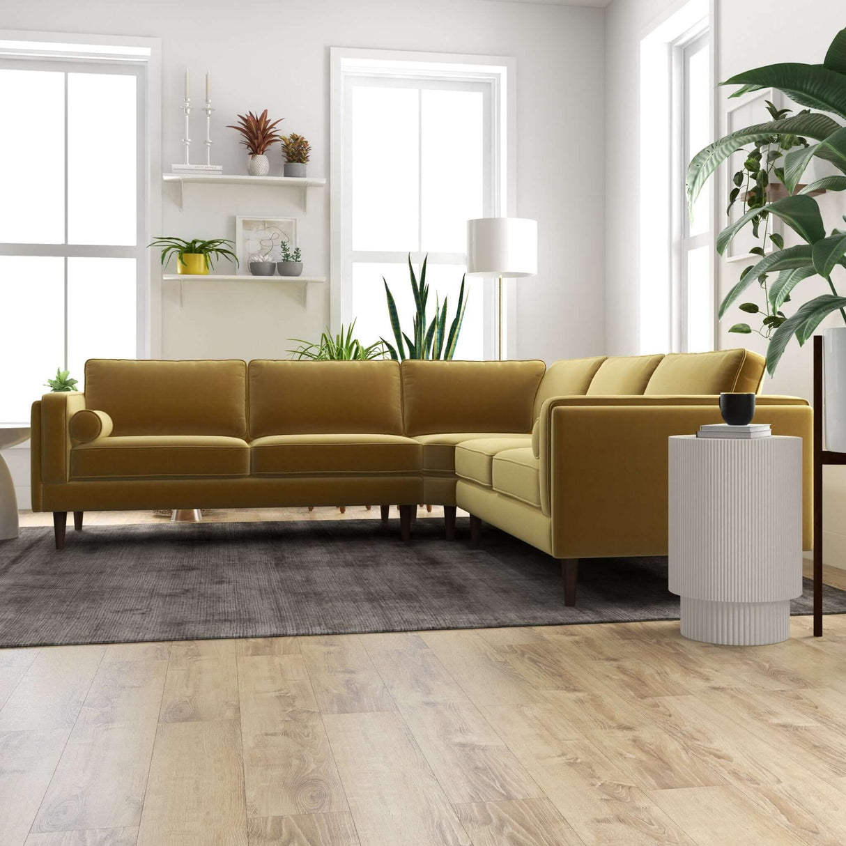 Amber Mid-Century Modern Corner Sectional Sofa Dark Yellow / Velvet