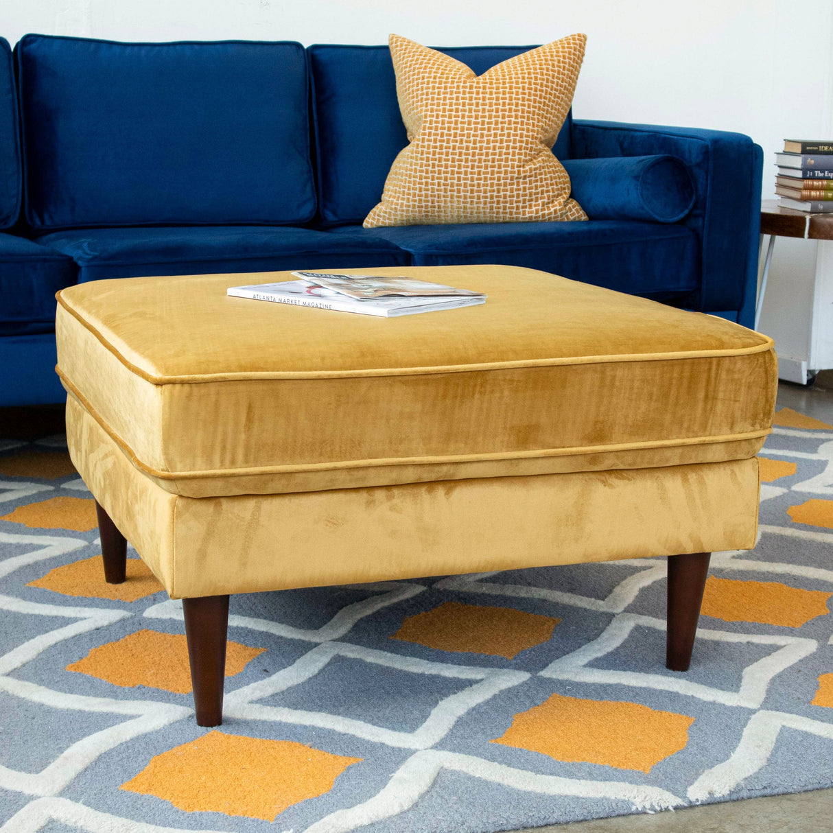 Amber Square Upholstered Ottoman (Yellow Velvet) by Ashcroft Furniture at Eve Furniture