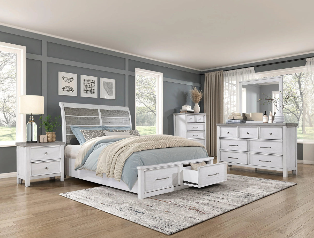 Ambrose Antique White/Gray Eastern King Platform Bed with Footboard Storage by Homelegance at Eve Furniture