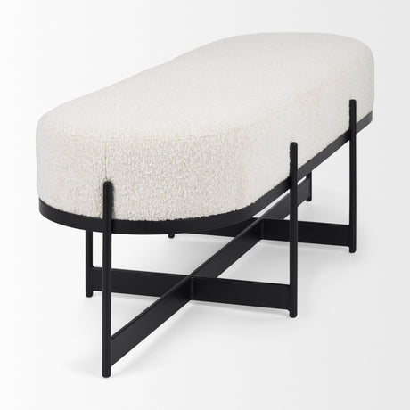 Amelia Cream Boucle W/Black Metal Upholstered Bench by Mercana at Eve Furniture