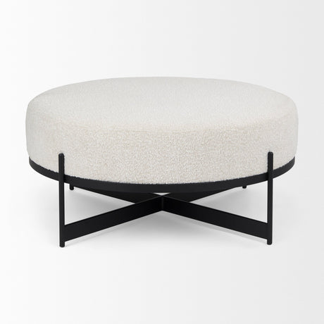 Amelia Cream Boucle W/Black Metal Upholstered Ottoman by Mercana at Eve Furniture