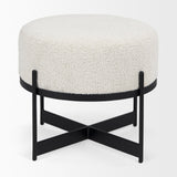 Amelia Cream Boucle W/Black Metal Upholstered Pouf by Mercana at Eve Furniture