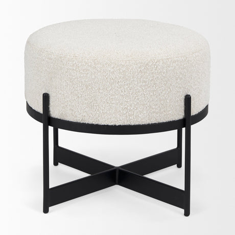 Amelia Cream Boucle W/Black Metal Upholstered Pouf by Mercana at Eve Furniture