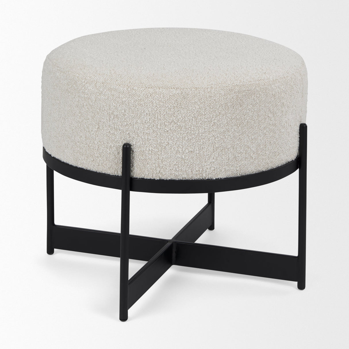 Amelia Cream Boucle W/Black Metal Upholstered Pouf by Mercana at Eve Furniture