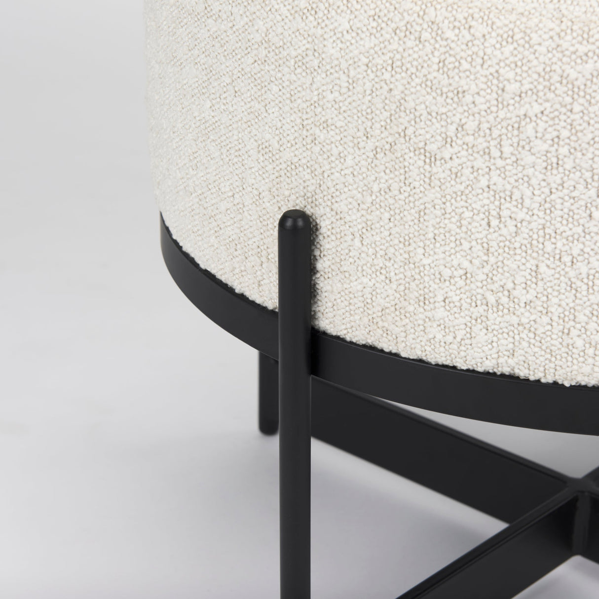 Amelia Cream Boucle W/Black Metal Upholstered Pouf by Mercana at Eve Furniture