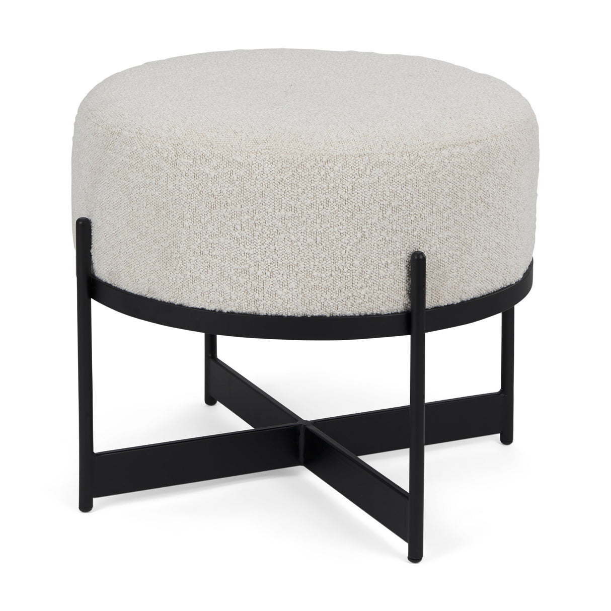 Amelia Cream Boucle W/Black Metal Upholstered Pouf by Mercana at Eve Furniture