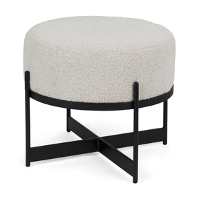 Amelia Cream Boucle W/Black Metal Upholstered Pouf by Mercana at Eve Furniture